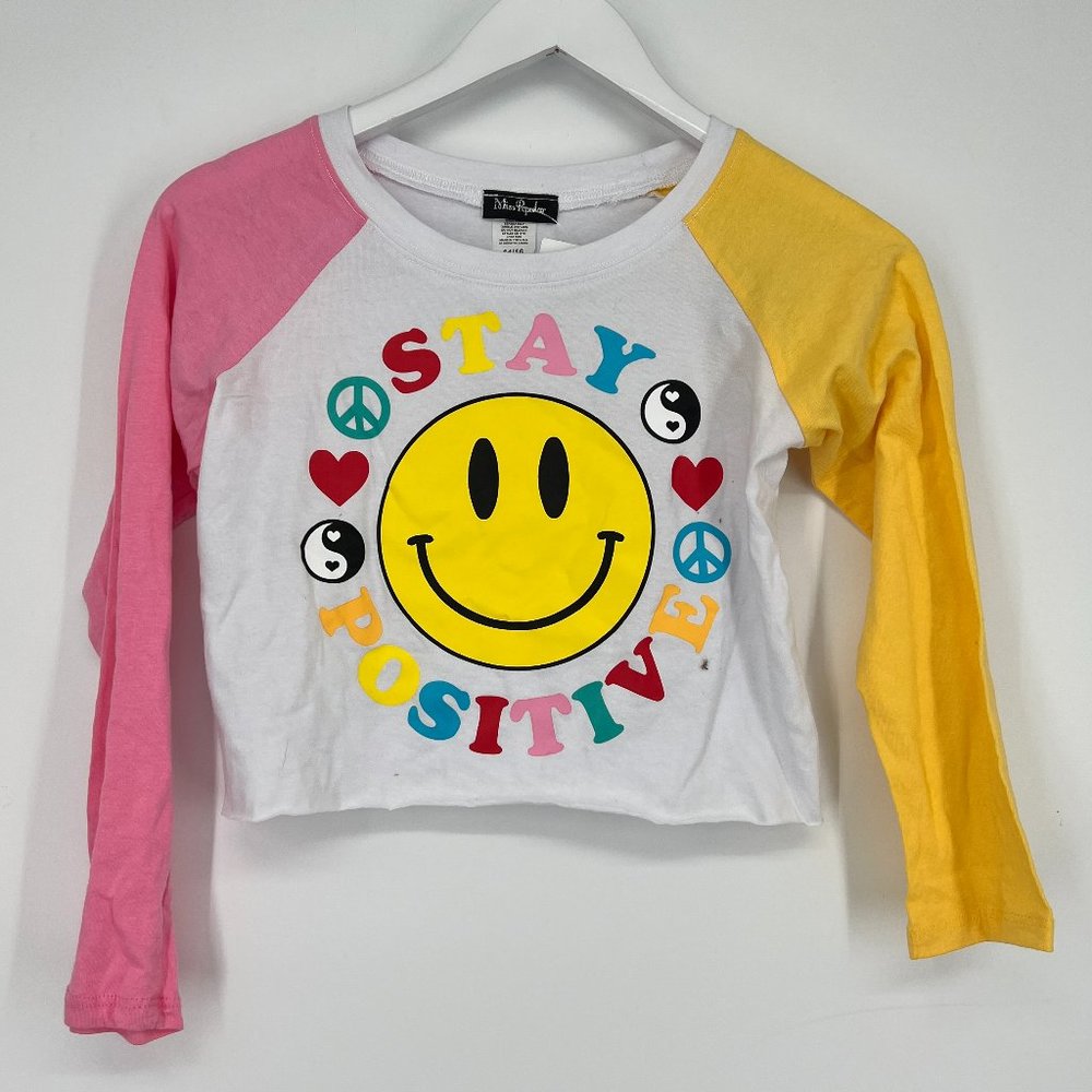 Miss Popular Girl's Kid Long Sleeve Stay Positive Smiley Print Top Multi 14/16